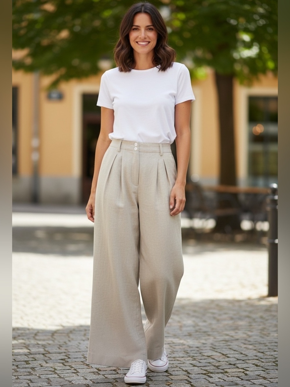 Commense Linen Viscose Wide Leg Pleated Pants with Double Button Closure Medium